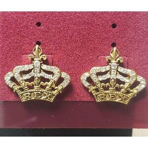 Vintage RARE New Orleans REX Mardi Gras Krewe Crystal Crown Gold Tone Earrings